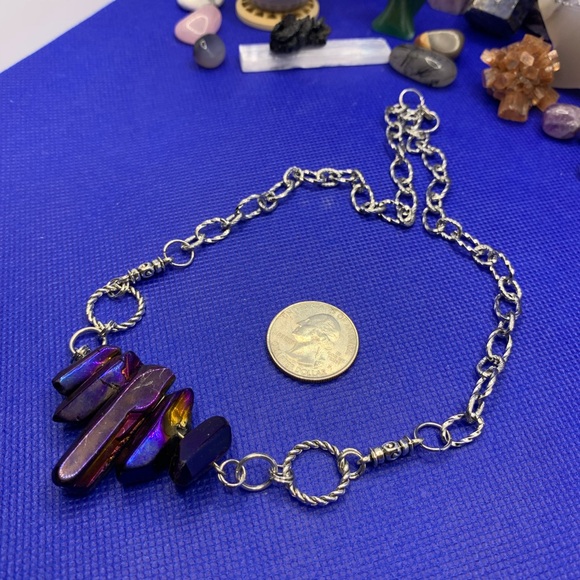 Purple & Gold Titanium Quartz Power Point Necklace 14” Clavicle Length, Handmade - Picture 5 of 11